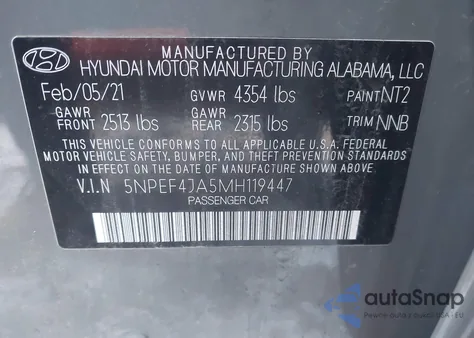 2021 Hyundai Sonata Sel from USA, damaged, VIN 5NPEF4JA5MH119447